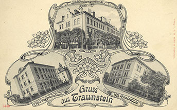 Postkarte mit den Traunsteiner Schulen –um 1900