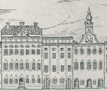 Salzmaieramt (rechts) und altes Rathaus (links) um 1800